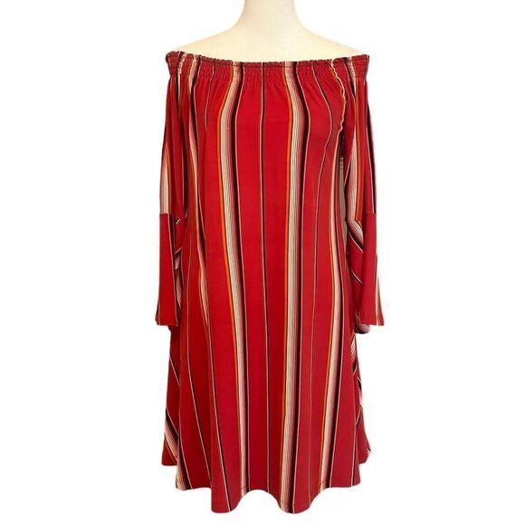 Off The Shoulder Flowy Boho Flared Bell Sleeve Peasant Top Red Striped - Picture 1 of 5